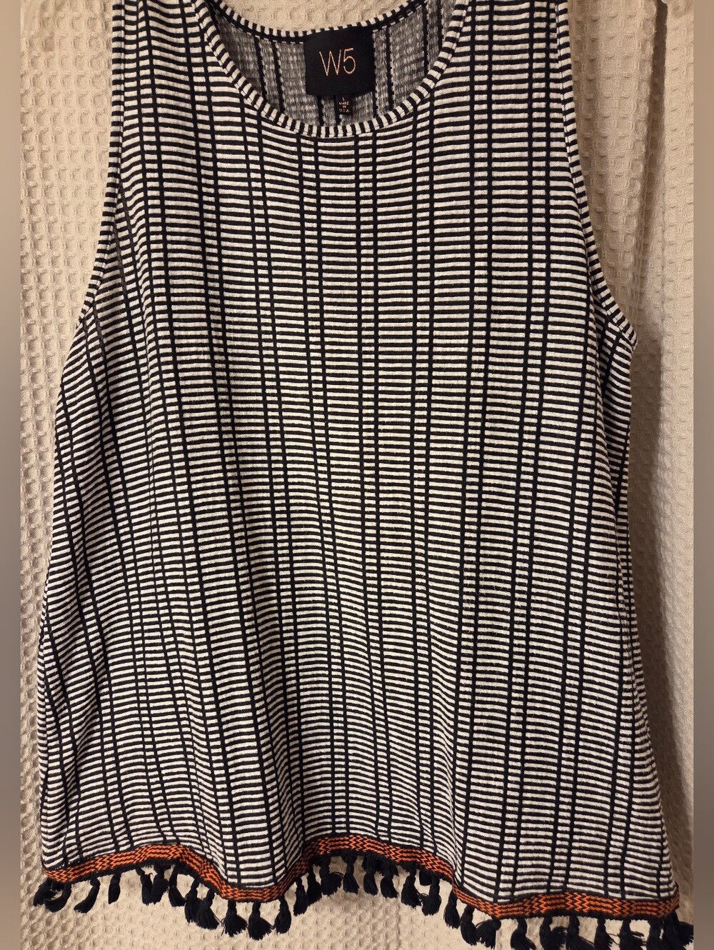 W5 Black White Striped Tassel Fringe Tank Top Size L Made in USA Boho